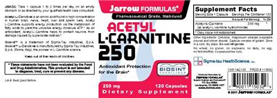 Photo of the Jarrow Formulas Acetyl L-Carnitine 250 mg label