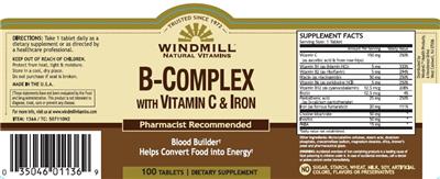 Photo of the Windmill Natural Vitamins B-Complex with Vitamin C & Iron label