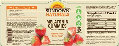Photo of the Sundown Naturals Melatonin Gummies 5 mg Strawberry Flavored label
