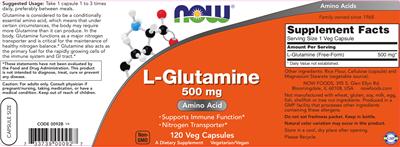 Photo of the NOW L-Glutamine 500 mg label