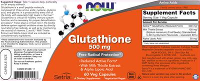 Photo of the NOW Glutathione 500 mg label