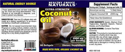 Photo of the Healthy Choice Naturals Extra-Strength Coconut Oil 2000 mg label