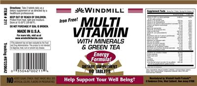 Photo of the Windmill Multi Vitamin With Minerals & Green Tea label