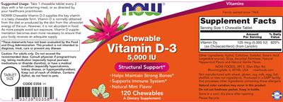 Photo of the NOW Chewable Vitamin D-3 5,000 IU Natural Mint Flavor label