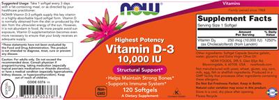 Photo of the NOW High Potency Vitamin D-3 10,000 IU label