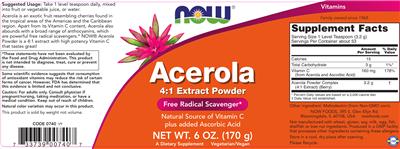 Photo of the NOW Acerola 4:1 Extract Powder label