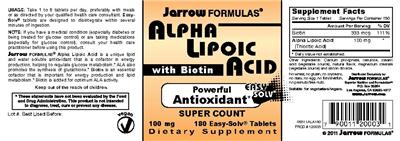 Photo of the Jarrow Formulas Alpha Lipoic Acid 100 mg with Biotin label