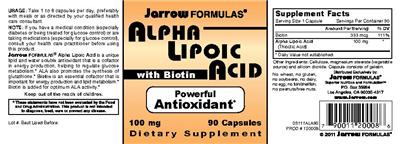 Photo of the Jarrow Formulas Alpha Lipoic Acid 100 mg with Biotin label