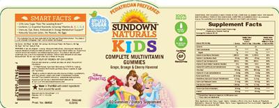 Photo of the Sundown Naturals Kids Complete Multivitamin Disney Princess Gummies label