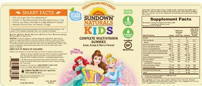 Photo of the Sundown Naturals Kids Complete Multivitamin Disney Princess Gummies label