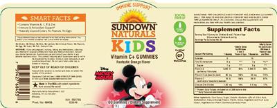 Photo of the Sundown Naturals Kids Vitamin C+ Gummies Disney Mickey Mouse Fantastic Orange Flavor label