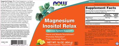 Photo of the NOW Magnesium Inositol Relax Lemon Flavor label