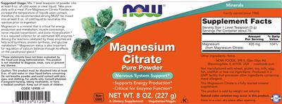 Photo of the NOW Magnesium Citrate Pure Powder label