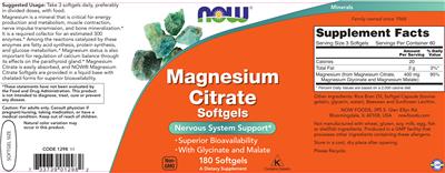 Photo of the NOW Magnesium Citrate Softgels label