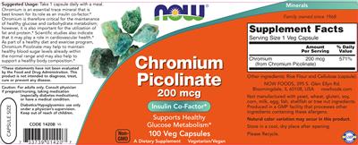 Photo of the NOW Chromium Picolinate 200 mcg label
