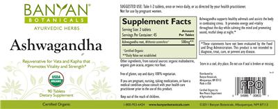 Photo of the Banyan Botanicals Ashwagandha Tablets label