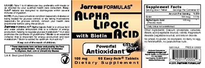 Photo of the Jarrow Formulas Alpha Lipoic Acid 100 mg with Biotin label