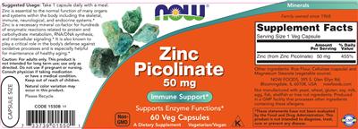 Photo of the NOW Zinc Picolinate 50 mg label