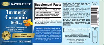 Photo of the Sundown Naturalist Turmeric Curcumin 500 mg label