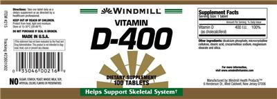 Photo of the Windmill Vitamin D-400 label