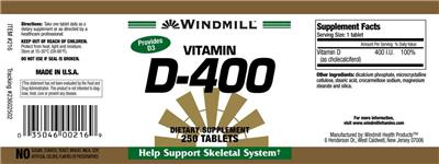 Photo of the Windmill Vitamin D-400 label