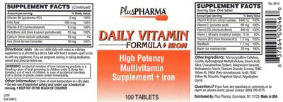 Photo of the Plus Pharma Daily Vitamin Formula + Iron label