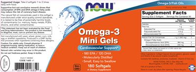 Photo of the NOW Omega-3 Mini Gels label