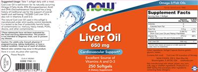 Photo of the NOW Cod Liver Oil 650 mg label