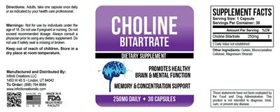 Photo of the Infiniti Creations Choline Bitartrate 250 mg daily label