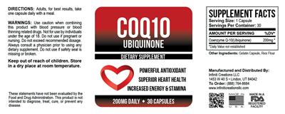 Photo of the Infiniti Creations CoQ10 Ubiquinone 200 mg daily label