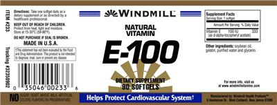 Photo of the Windmill Natural Vitamin E-100 label