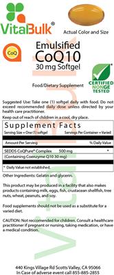 Photo of the VitalBulk Emulsified CoQ10 30 mg Softgel label