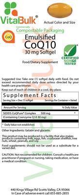 Photo of the VitalBulk Emulsified CoQ10 30 mg Softgel label