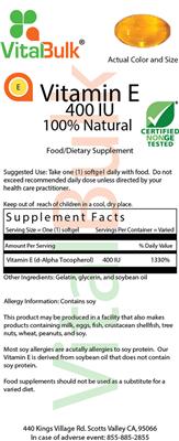 Photo of the VitalBulk Vitamin E 400 IU label