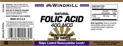 Photo of the Windmill Natural Folic Acid 400 mcg label