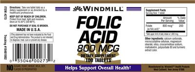 Photo of the Windmill Folic Acid 800 mcg label