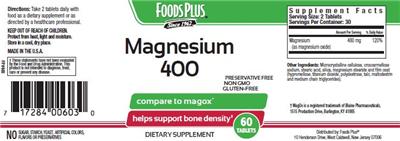 Photo of the Foods Plus Magnesium 400 label