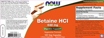 Photo of the NOW Betaine HCl 648 mg label