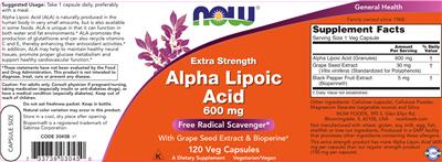 Photo of the NOW Extra Strength Alpha Lipoic Acid 600 mg label