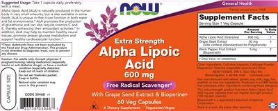 Photo of the NOW Extra Strength Alpha Lipoic Acid 600 mg label