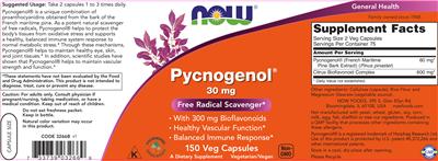 Photo of the NOW Pycnogenol 30 mg label