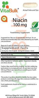 Photo of the VitalBulk Niacin 100 mg Capsule label