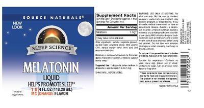 Photo of the Source Naturals Melatonin Liquid 1.0 mg Orange Flavor label