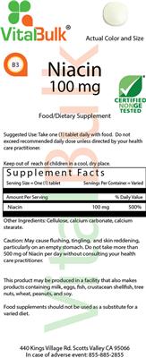 Photo of the VitalBulk Niacin 100 mg Tablet label