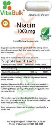 Photo of the VitalBulk Niacin 1000 mg label