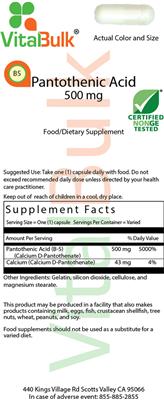 Photo of the VitalBulk Pantothenic Acid 500 mg Capsule label