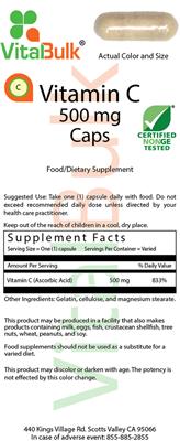 Photo of the VitalBulk Vitamin C 500 mg Caps label