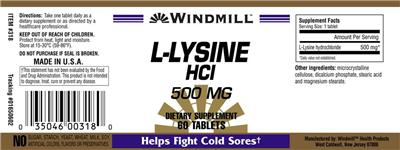 Photo of the Windmill L-Lysine HCl 500 mg label