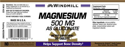 Photo of the Windmill Magnesium 500 mg as Gluconate label