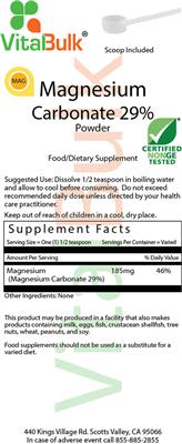 Photo of the VitalBulk Magnesium Carbonate 29% Powder label